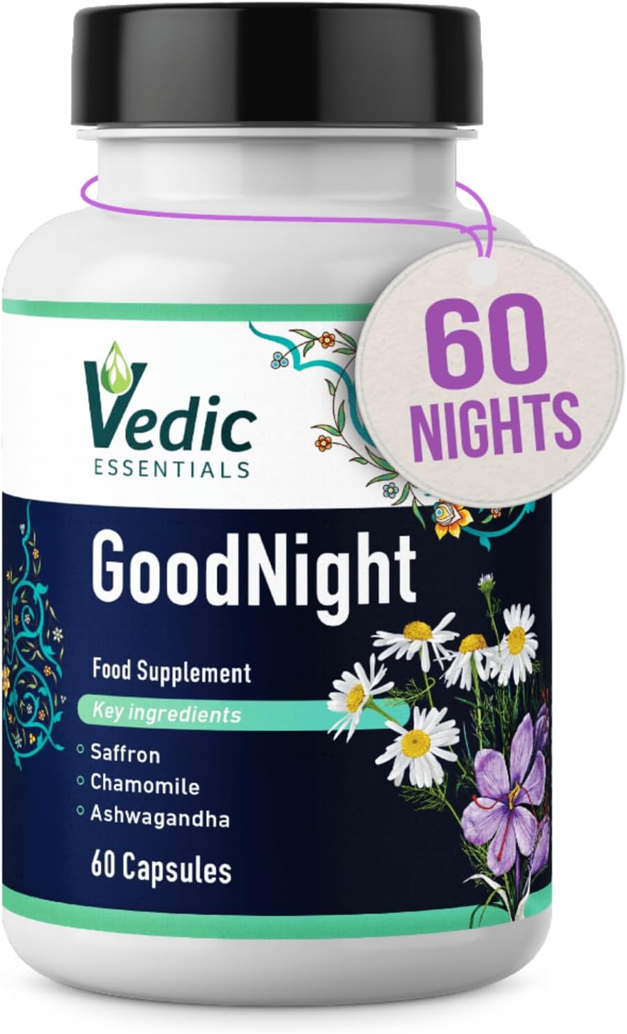 Vedic Saffron + Chamomile + Ashwagandha. Melatonin Alternative Natural Sleep Aid | Quick, Good Night Sleep | Vedic, Vegan, Halal, Gluten-Free Sleep Supplement | Stress & Anxiety Relief | 60 Nights
