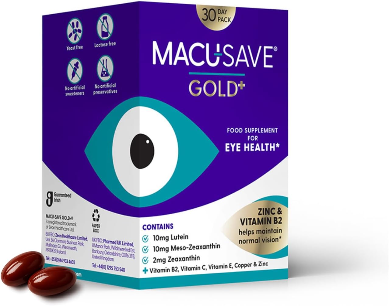 Macu-SAVE Gold+ Food Supplement with Meso-Zeaxanthin/Lutein and Zeaxanthin - 30 Day Pack (90 Capsules, 3 Capsules per Day)