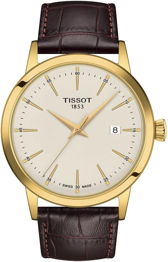 Tissot Mens Classic Dream 316L Stainless Steel case with Yellow Gold PVD Coating Quartz Watch, Brown, Leather, 22 (T1294103626100)