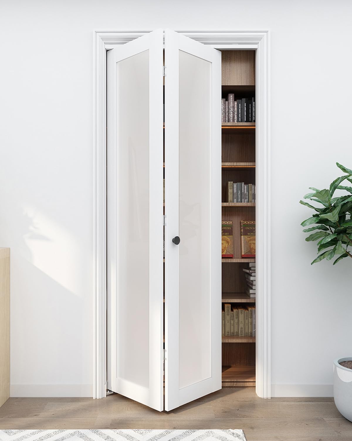 Bifold Closet Door for 36"x80" Opening, 1-Lite Frosted Tempered Glass Bifold Doors with Hardware Kit, White Closet Door with Fascia and Knob, Solid Wood & MDF with Water-Proof PVC Surface