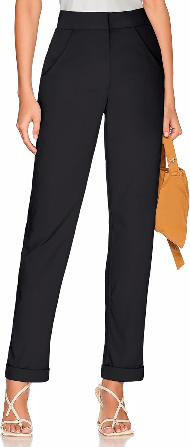 Hybrid & Company Women's High Waist Lightweight Solid Long Pants Elegant Office Trousers