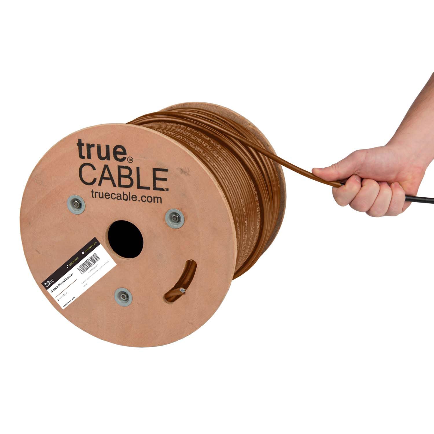 TRUE CABLE Cat6A Direct Burial Bulk Ethernet Cable, 500ft, Brown, Waterproof, Outdoor Rated OSP, 23AWG Solid Bare Copper, 750MHz, PoE++ 100W, Unshielded UTP