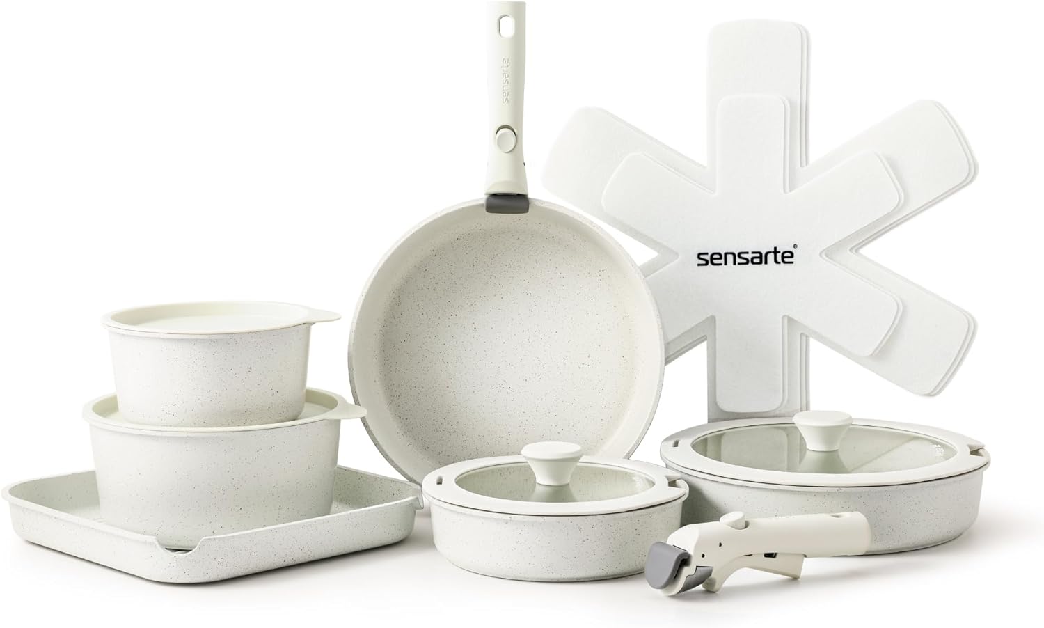 SENSARTE 17 Piece Pots and Pans Set, Nonstick Detachable Handle Cookware, Induction Kitchen Cookware Set with Removable Handle, Healthy Non Stick RV Cookware, Dishwasher & Oven Safe, PFOA Free (White)