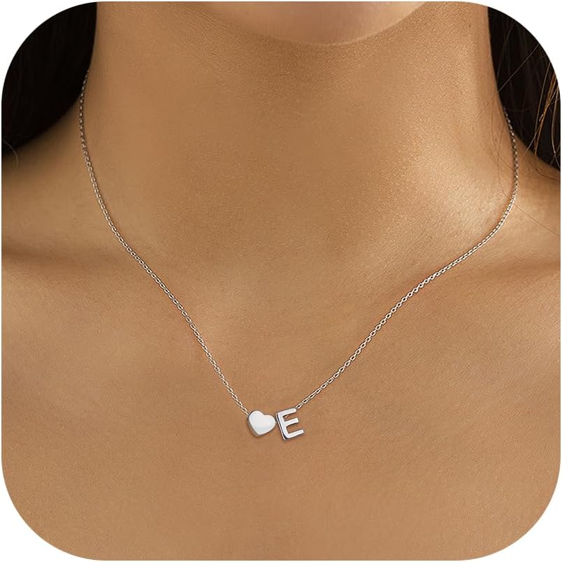 LOLIAS Heart Initial Necklace - Stainless Steel Silver Name Necklace with Tiny Heart Letter Pendant - Personalised Women & Girls Gifts