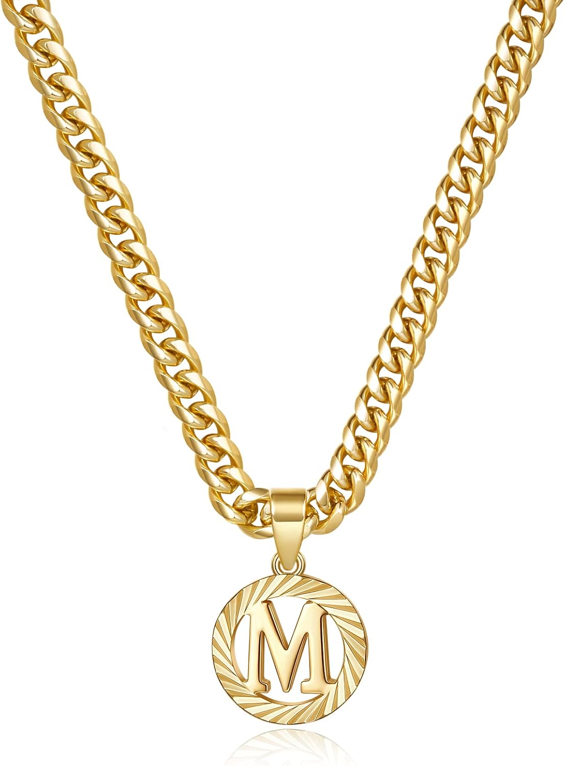 KissYan Gold Initial Necklace,14K Gold Plated Round Letter Pendant Hollow Capital Monogram 5mm Cuban Chain Necklace Alhpabets from A-Z Dainty Jewelry for Women Men