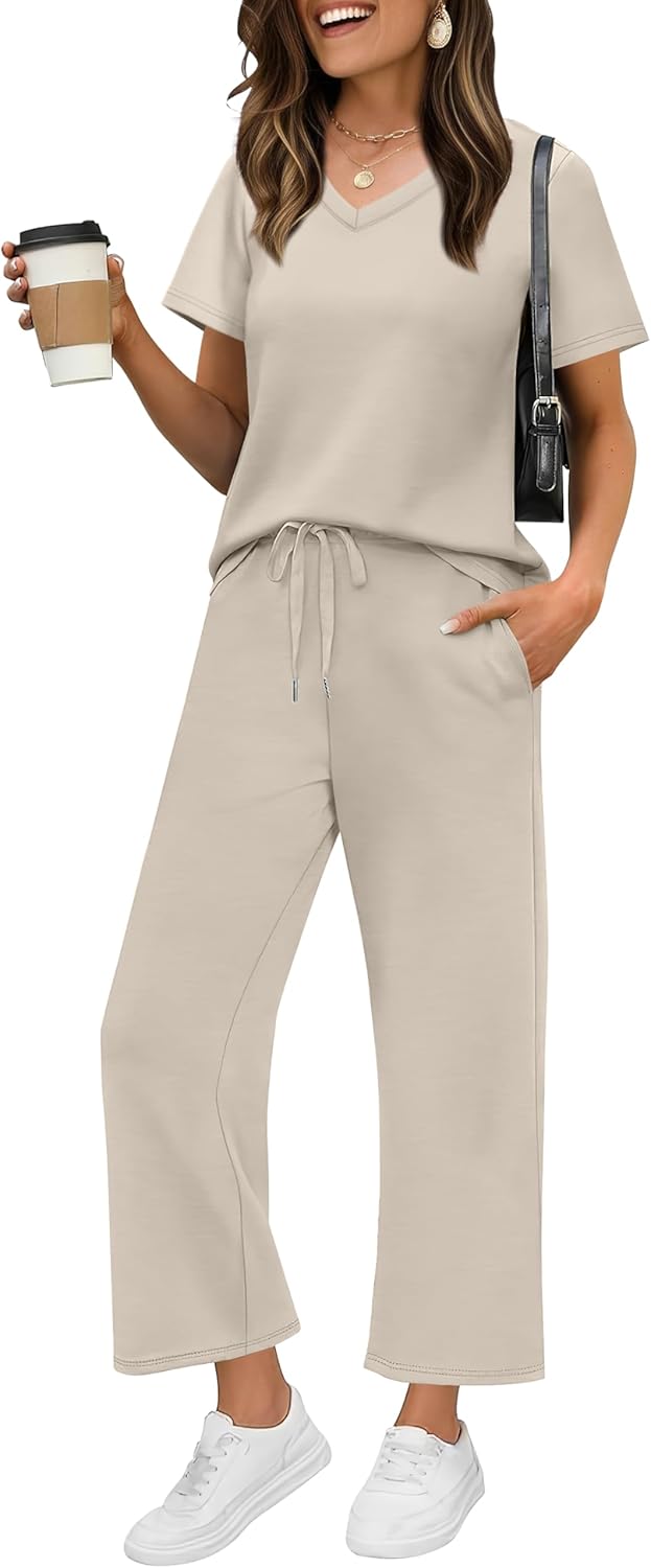 WIHOLL 2 Piece Sets for Women Summer Lounge Set Wide Leg Pants Matching Set Vacation Travel Outfits Beach Clothing