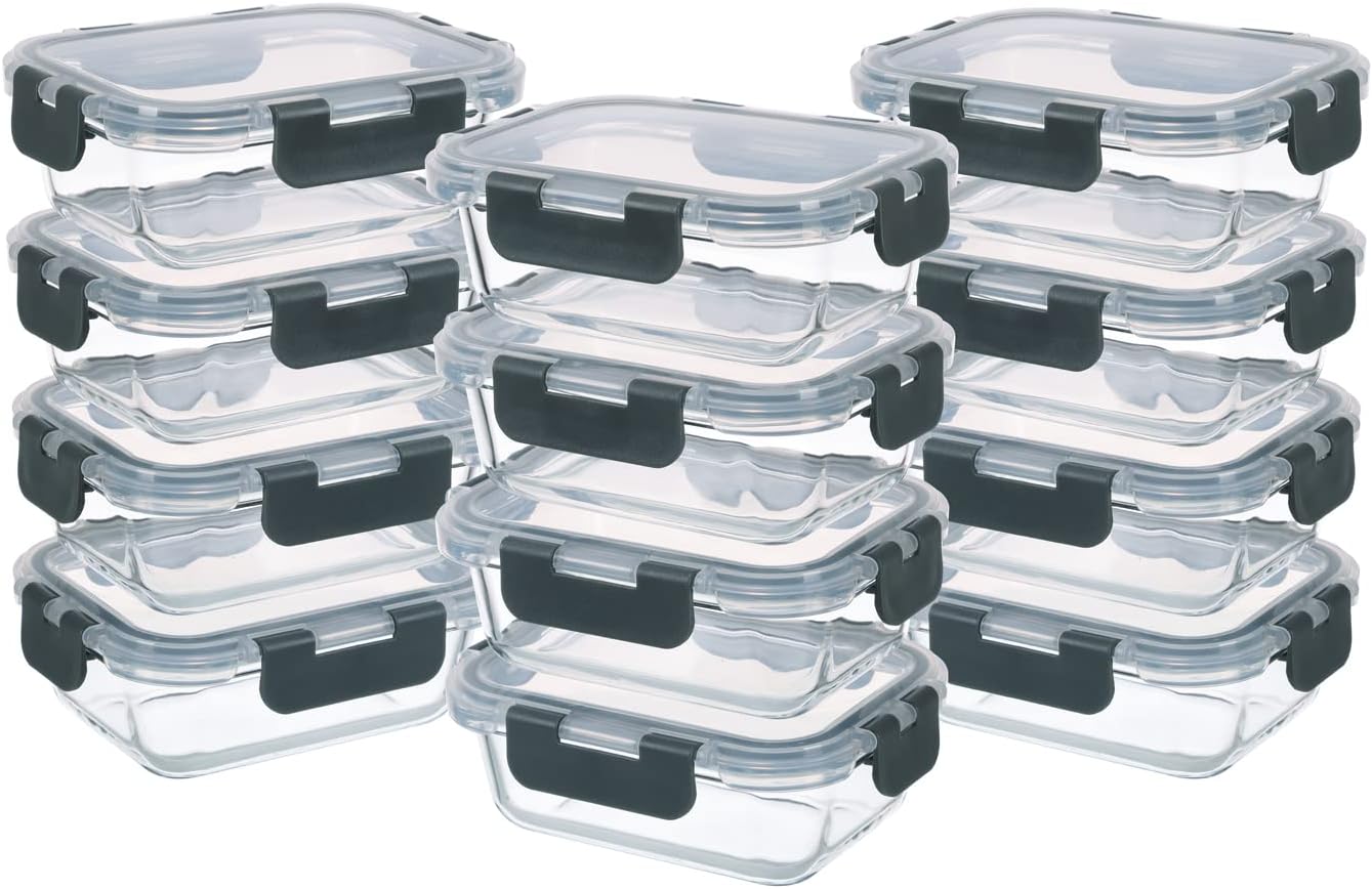 Borosilicate Glass Food Storage Containers, Grey (Pack of 24) | 1.5 Cup