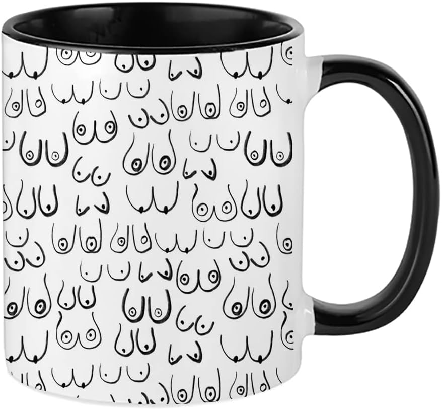 Giftme Boobs Pattern - Black and White line Drawing, Life Drawing, Feminine Art Coffee Tea Mug Unique Inside Coloured Ceramic Mug. (Black Inside Coloured and Handle)