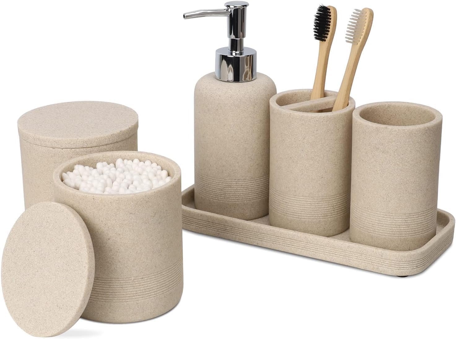 ZCCZ Beige Bathroom Accessory Set 6 Pieces - Organiser With Toothbrush Holder, Lotion Soap Dispenser, Vanity Tray and 2 Qtip Holders - Modern Decor Accessories