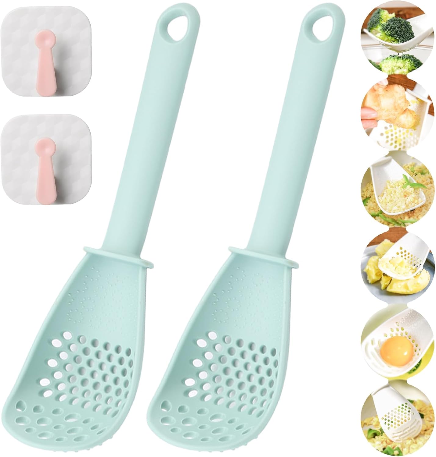 Multifunctional Kitchen Cooking Spoon, 6 in 1 Multifunctional Cooking Spoon, Kitchen Helper, Use as Egg Separator, Strainer Spoon, Slotted Spoon, Cooking Spoon, Masher, Grater (2 x Green)