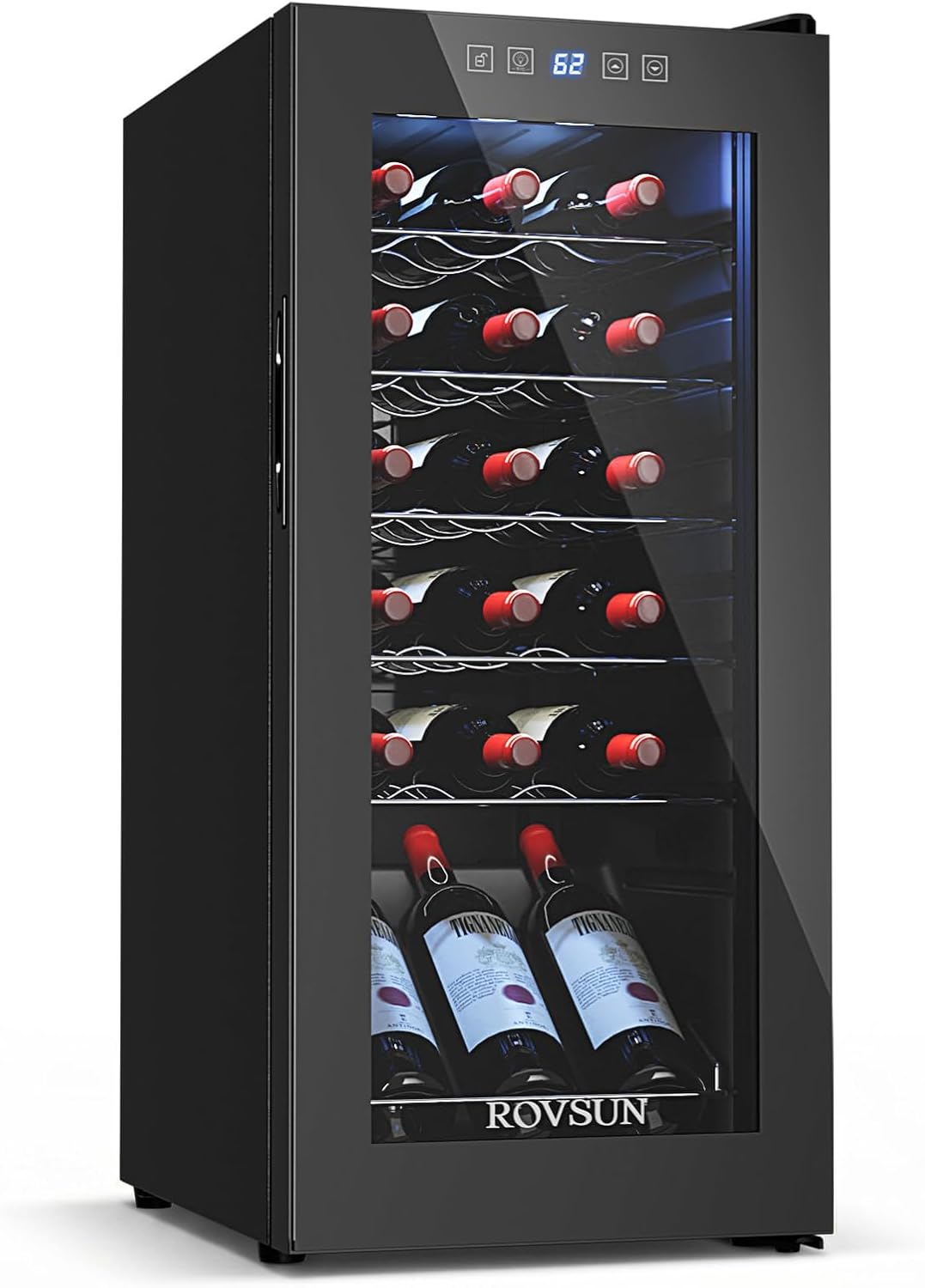 ROVSUN 14''W Small Wine Fridge with Compressor, 18 Bottles Freestanding Wine Cooler Refrigerator with Touch Panel Control and Glass Door, Wine Cellar for Red, White, Champagne or Sparkling, 41-64°F