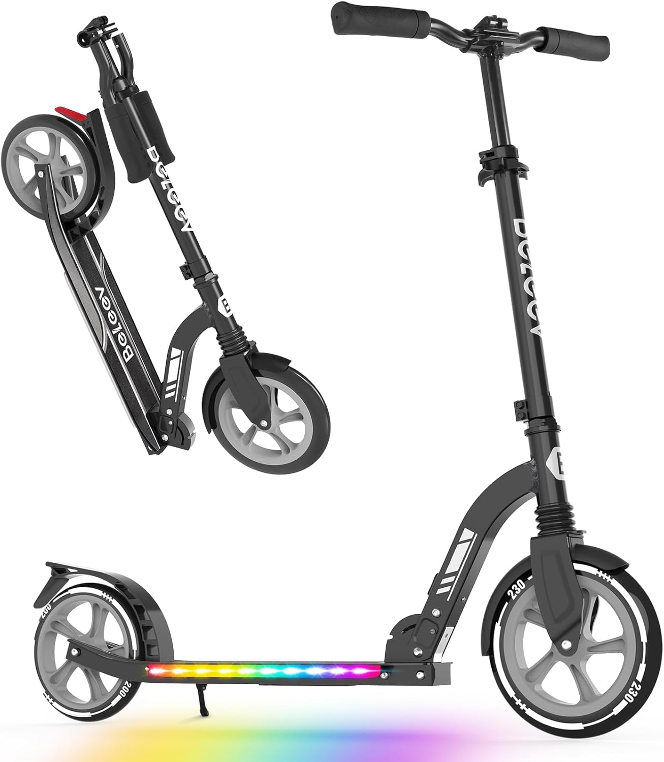 BELEEV V10 Big Wheel Scooter for Kids Ages 6+ with Light-Up Deck, 2 Wheel Folding Scooter for Adults Teens, 5 Adjustable Height, Lightweight Sport Commuter Scooters with Carry Strap, Max Load 220 lbs