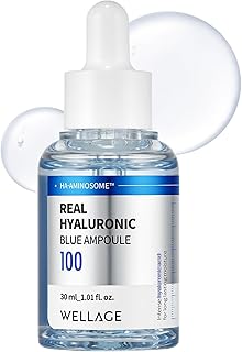 WELLAGE Real Hyaluronic Blue Ampoule 100, Fragrance Free Hyaluronic Acid Ampoule, Hydrating Non Sticky Serum for Sensitive Dry Skin, 1.01 fl.oz