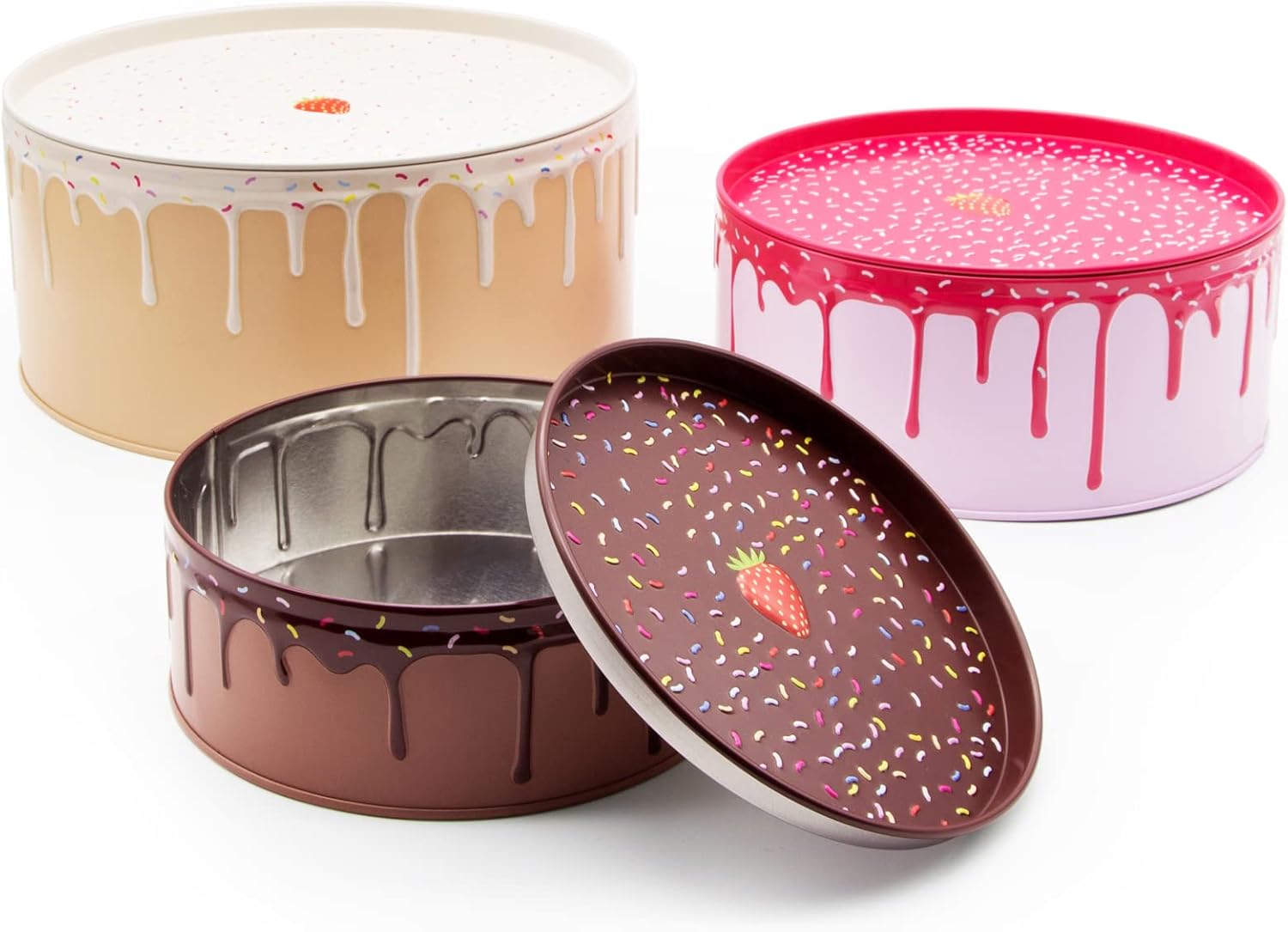 Suck UK - Cake Storage Tin | Set of 3 | Biscuit Tins | Kitchen Set | Storage | Cake Container | Stacking Round Tins | Nesting Containers | Tin Box 3 Colours Included