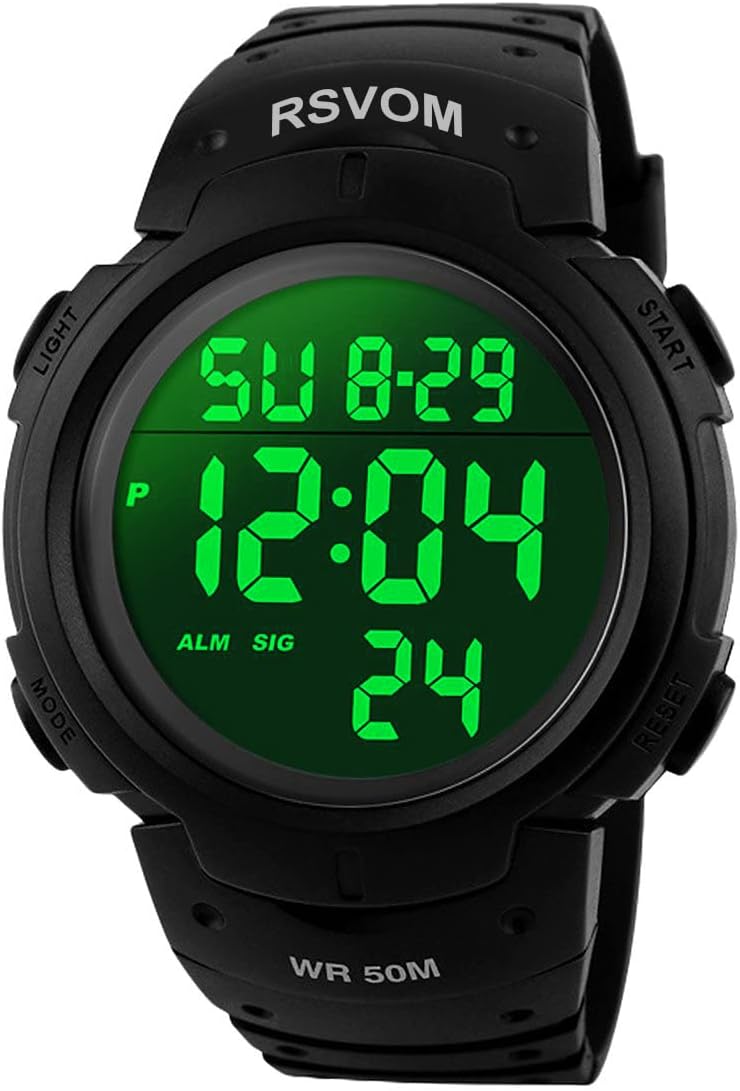 RSVOM Mens Digital Watches, 5 ATM Waterproof Sport Watch with Alarm/Stopwatch Black Big Face Running Military Wrist Watch with LED Backlight for Men