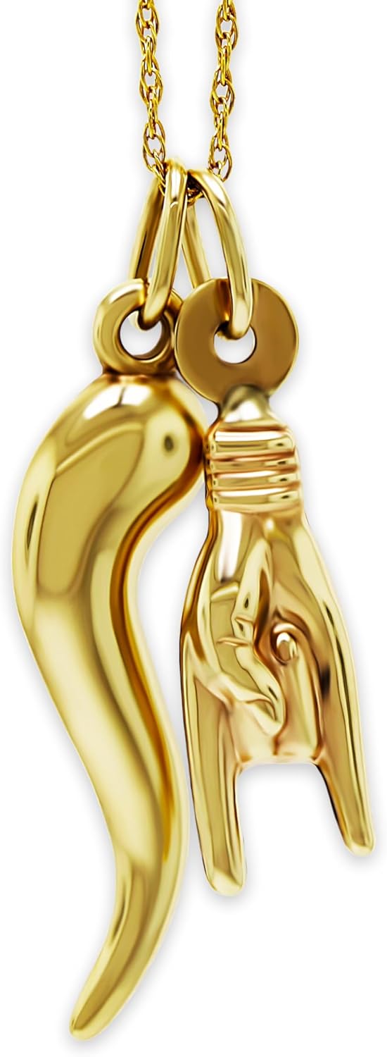 Gold Italian Horn with Hand Sign Pendant - 10 Karat Gold - 3D Good Luck Hand Sign - Italian Mano Cornuto Hand Symbol - Cornicello Charm Pendant - Multiple Sizes to Choose From