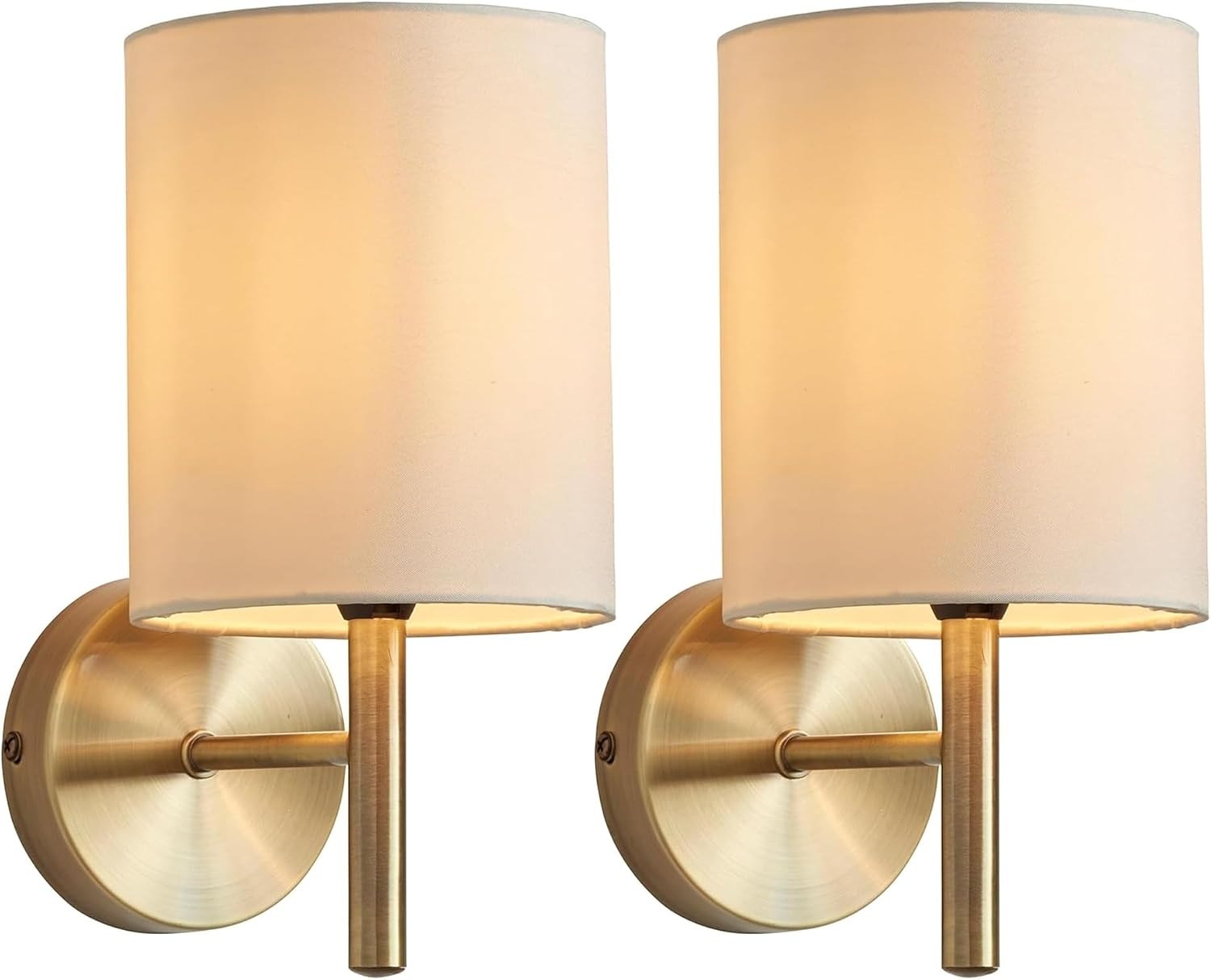 National Lighting Tatum Decorative Contemporary Antique Brass E14 LED Compatible Wall Light with a Cream Fabric Drum Shade - 2 Pack