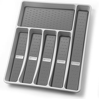Silverware Organizer with Cutlery Icons，Silverware Tray for Kitchen Drawer，Plastic Flatware Tableware Silverware Drawer Organizer Utensil Organizer with Non-slip TPR Linings，6-Compartment