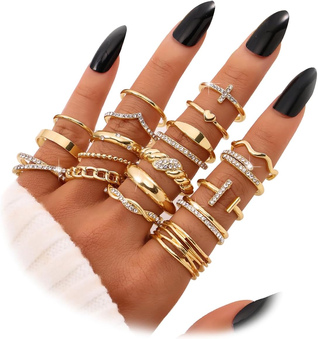 KISS WIFE Gold Knuckle Rings Set for Women, Dainty Simple Trendy Cute Stackable Finger Rings Pack, Perfect for Stacking Layering on Thumb and Knuckle, Mixed Size, Jewelry Gift