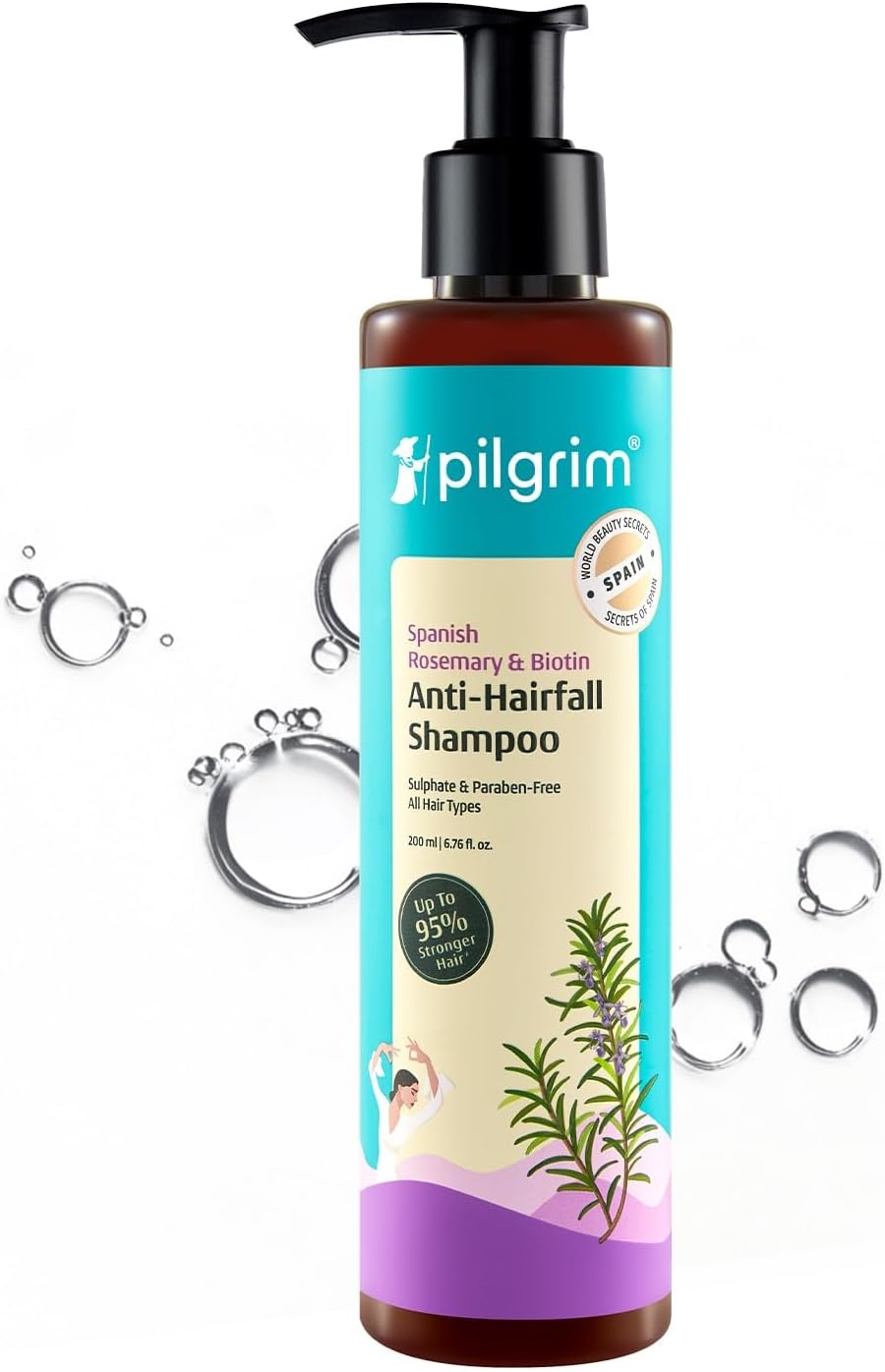 Pilgrim Spanish Rosemary & Biotin Anti Hairfall Shampoo for Reducing Hair Loss & Breakage 200ml | Rosemary shampoo for hair growth | Upto 95% stronger hairs | For all hair types | For Men & Women