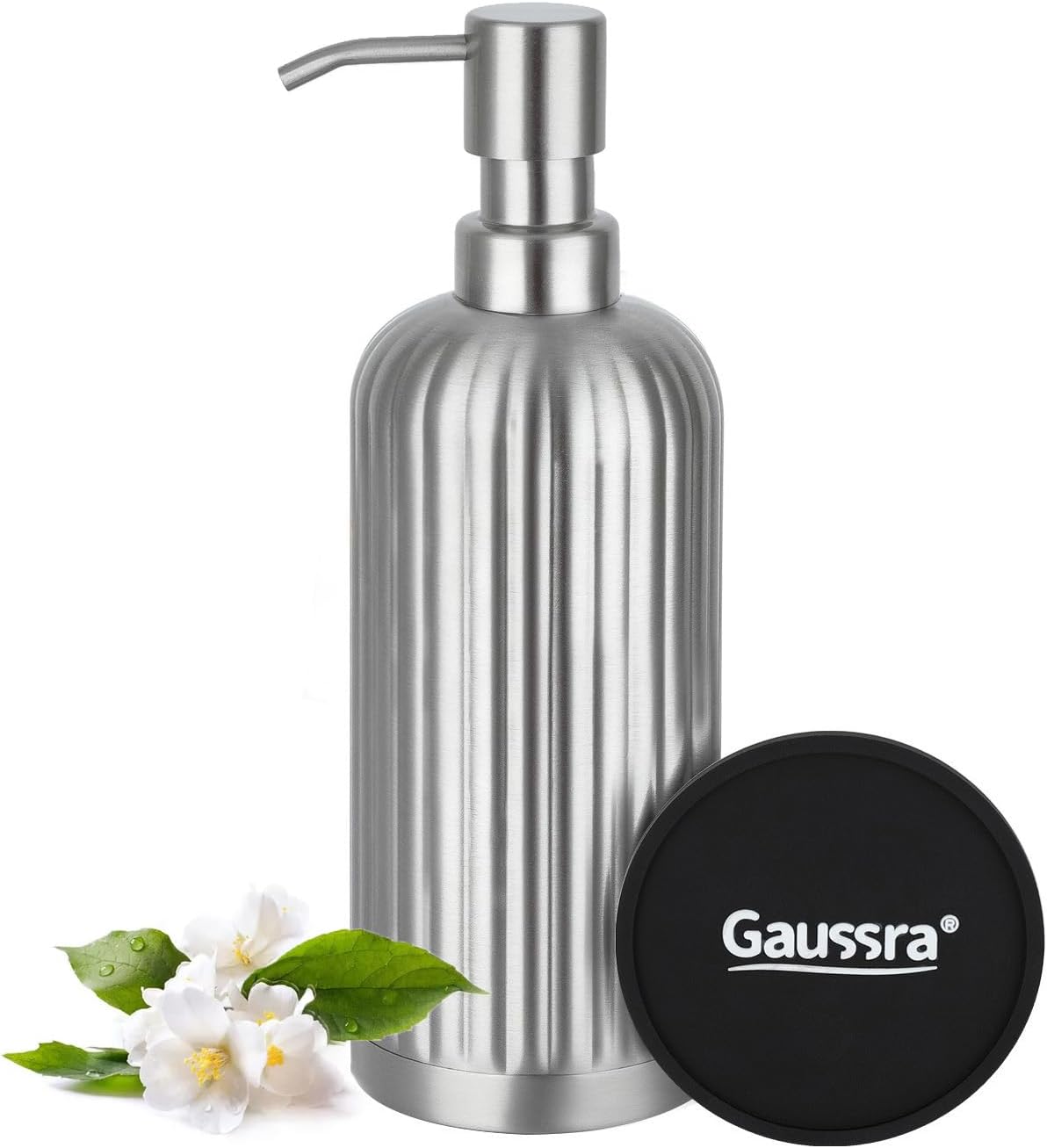 18 Oz Vertical Stripe Soap Dispenser with Coaster - Brushed Nickel, Refillable Liquid Hand Soap Dispenser for Bathroom, Premium Kitchen Stainless Steel