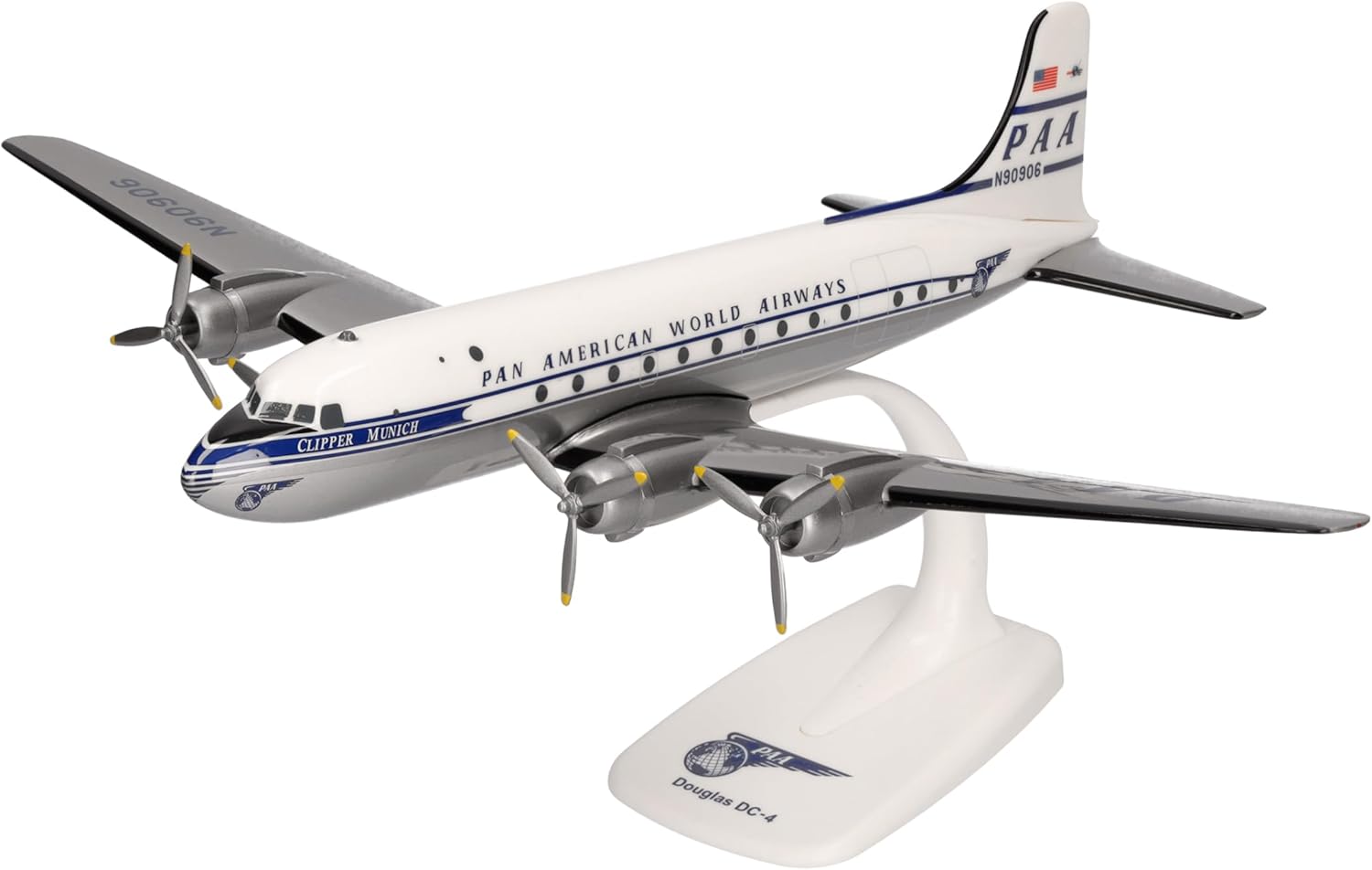 Herpa Snap-fit Airplane Model Douglas DC-4 Pan American on Scale of 1:125, Plastic Miniature with pedastal, Model Building, Collectors Edition