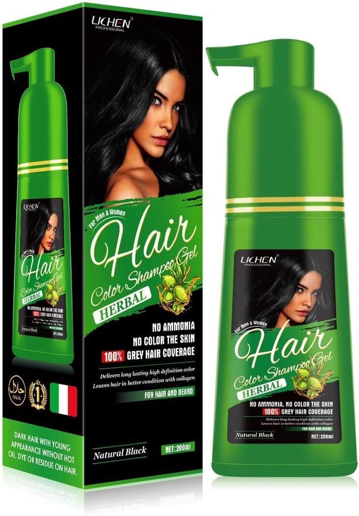 LICHEN PROFESSIONAL 2in1 Hair Color Shampoo Gel Pump Applicator 200ml Natural Black