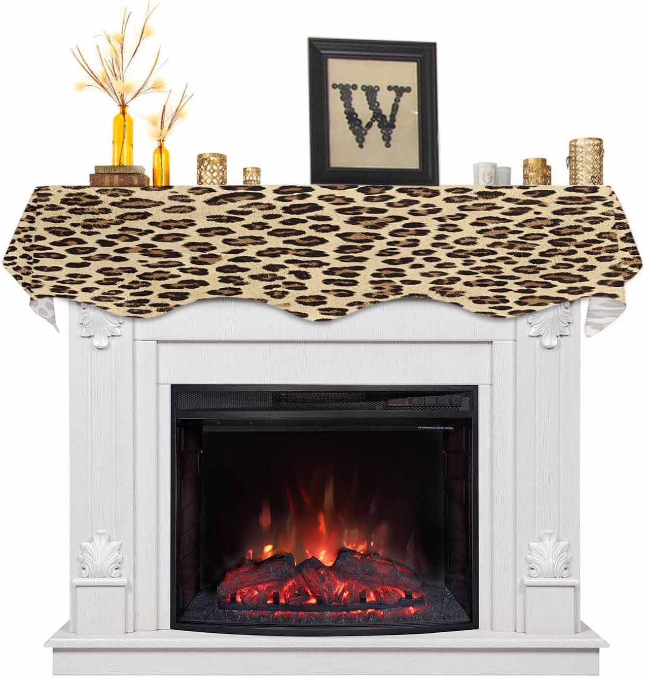 Christmas Mantel Scarf, Leopard Mantel Decorations Fireplace Runner Cover, Brown Black Beige Modern Abstract Impressionist Mantle Scarves Fireplace Decorations for Xmas Party 90"x17"