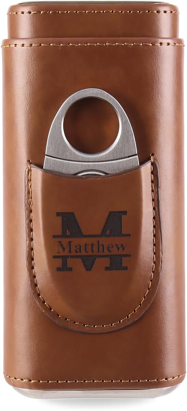 Jeweidea Cigar Case Personalised Cigar Cutter with Engraved Names 3 Finger PU Leather Humidor Cigar Box Travel Trip Cigar Accessories Gift for Men, Dad, Husband (Brown2)