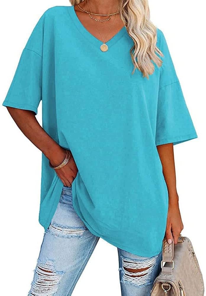 Famulily Women's Summer Casual V Neck Half Sleeve T Shirt Ladies Short Sleeve Oversized Baseball Tshirts Tunic Tops