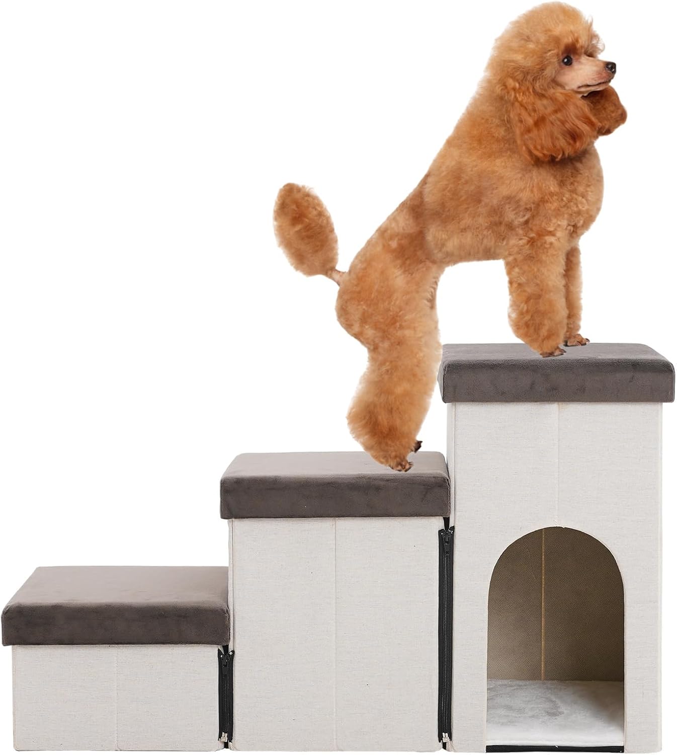 Dog Stairs for Small Dogs and Cats Foldable Pet Steps for High Bed and Couch Portable Ramp Stairs for Couch 3-Step Pet Stairs with Storage and Pet House for Small Dogs and Cats