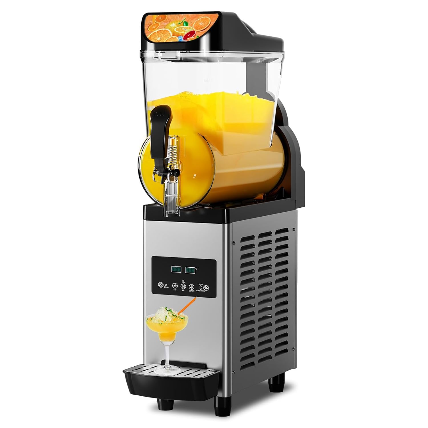 Commercial Slushie Machine Single Barrel 15L, 450W Stainless Steel Frozen Drink Maker for Margarita/Smoothie, Energy Efficient w/Auto Temp Control