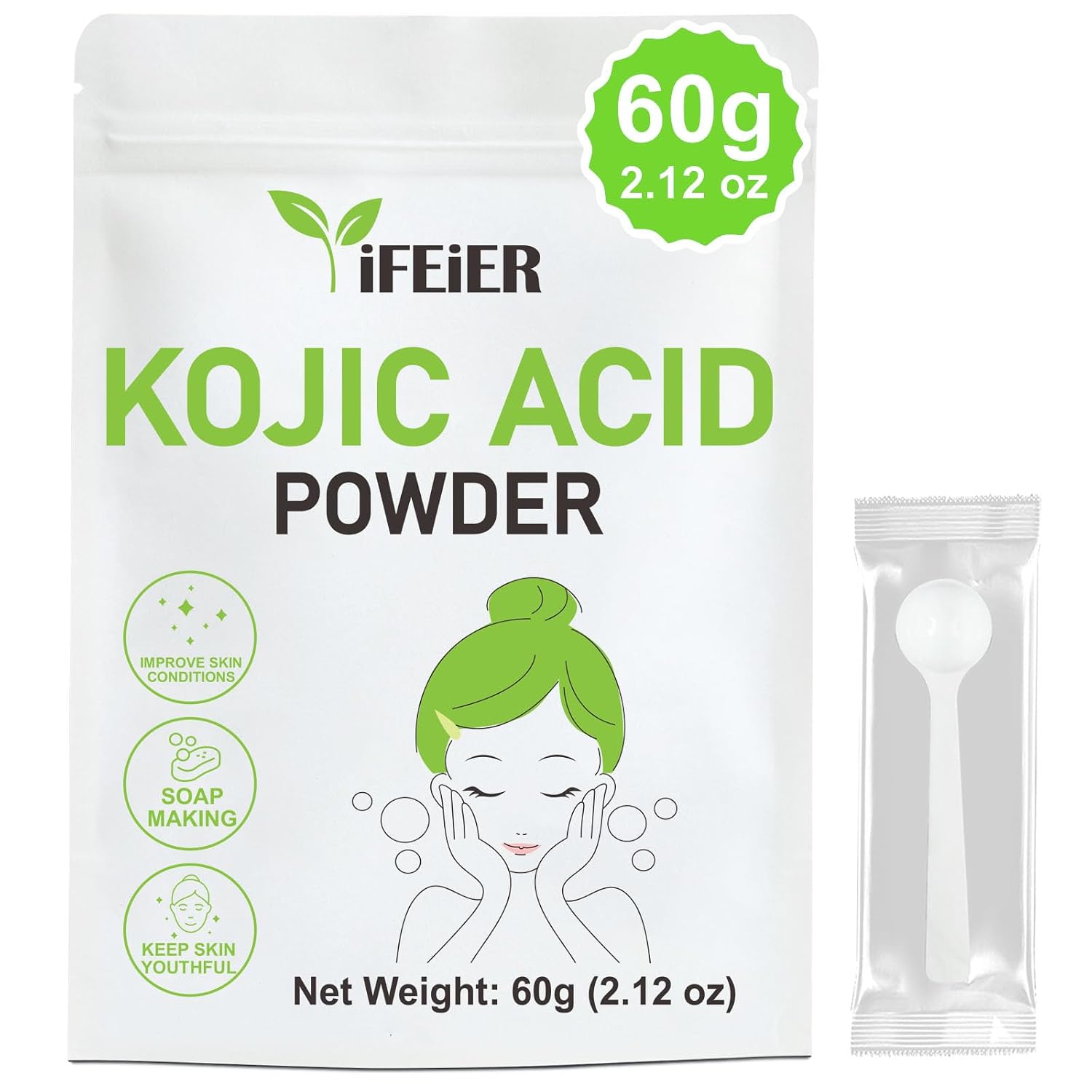 iFEiER Pure Kojic Acid Powder 60g(2.12oz) for Skincare Products and Homemade Cosmetics. Natural and Organic Kojic Acid Powder for DIY lotions | serums | soaps. Soluble in water only; insoluble in oil.