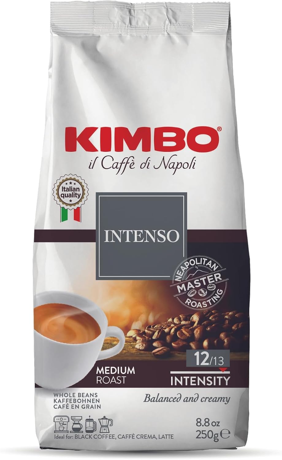 Kimbo Coffee Intenso Coffee Beans 250g | Italian Medium Roast | Full Body, Traditional Naples Blend | Arabica Whole Beans