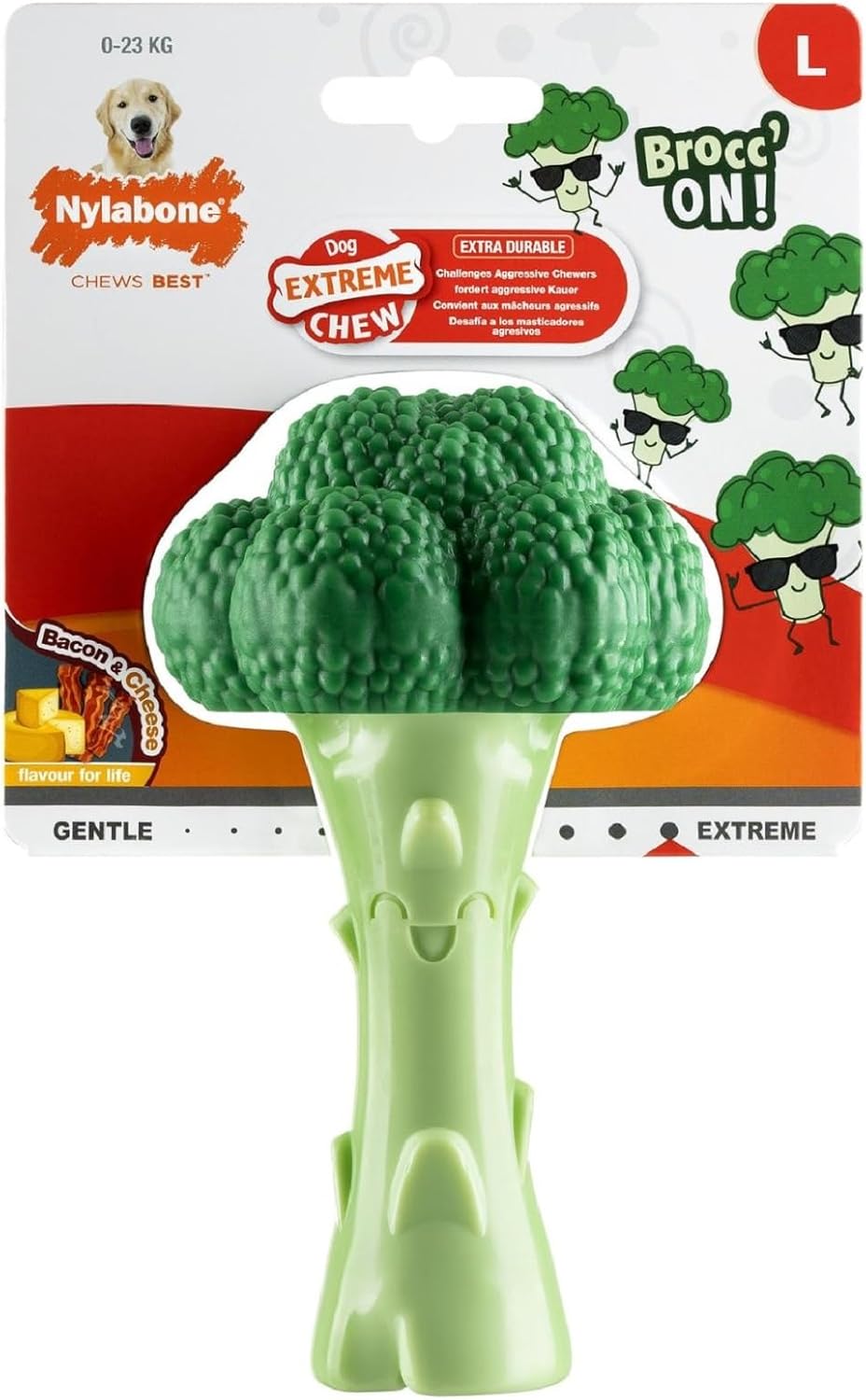 Nylabone Extreme Chewers Tough Nylon Dog Novelty Broccoli Chew Toy, Durable, Boredom Breaker, Cleans Teeth, Bacon & Cheese Flavour, Large, For Dogs 0-23kg