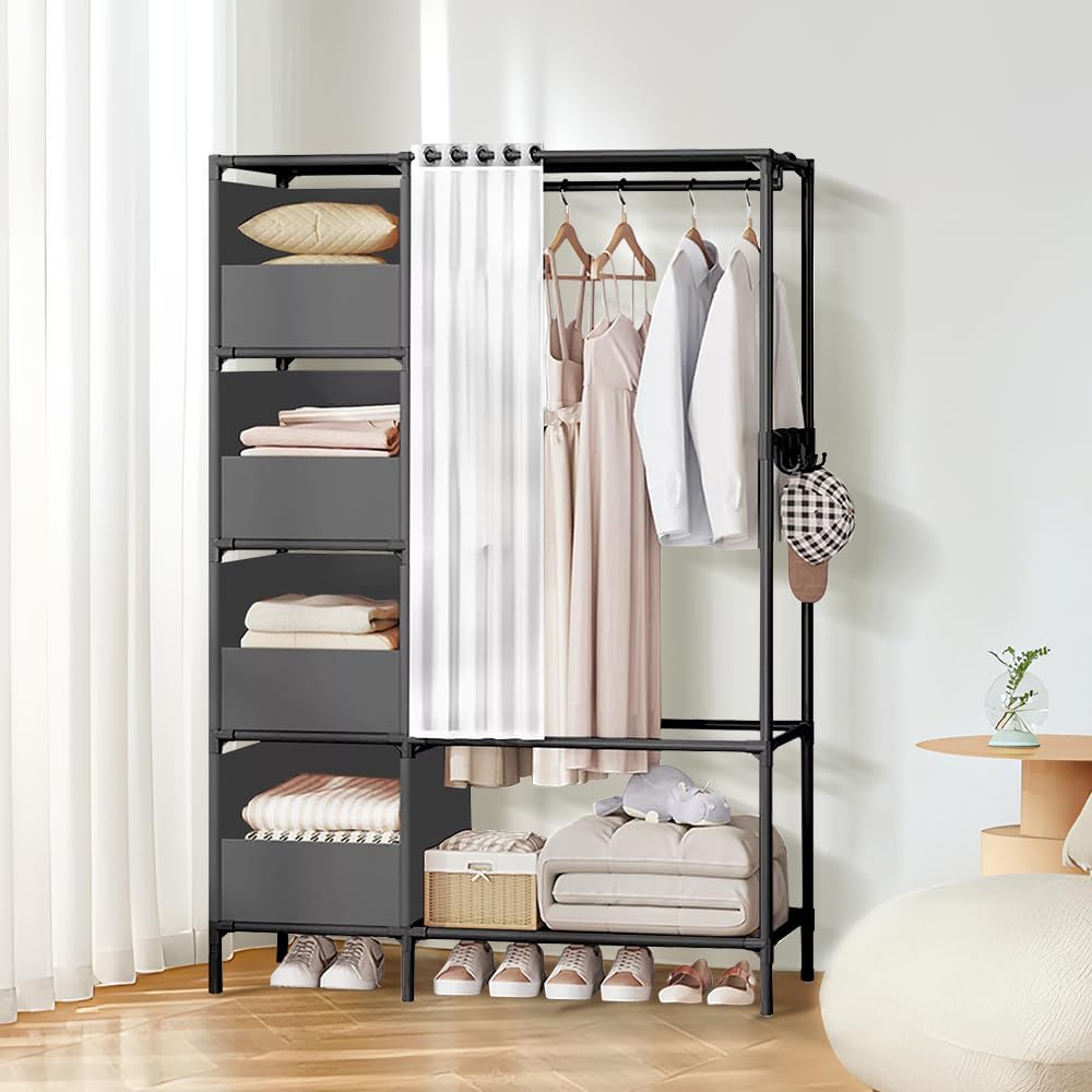 Heavy Duty Clothes Rail, Black Metal Rack, Coat Rack with Clothes Rails, 4 Storage Basket Shelves & 4 Coat Hooks, Cloakroom Wardrobe, Freestanding Rails For Bedroom, Office, Shop, 105 x 45 x 170 cm