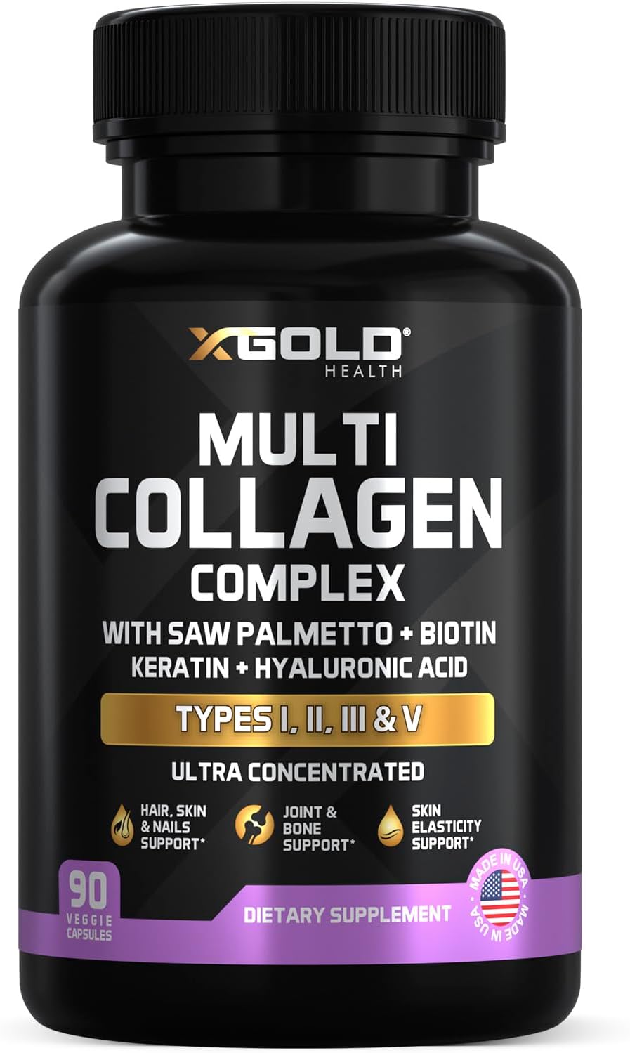 X Gold Health Multi Collagen Types I, II, III & V with Biotin 10,000 mcg, Keratin, Hyaluronic Acid, Saw Palmetto, Hair Skin & Nails Formula, 90 Capsules