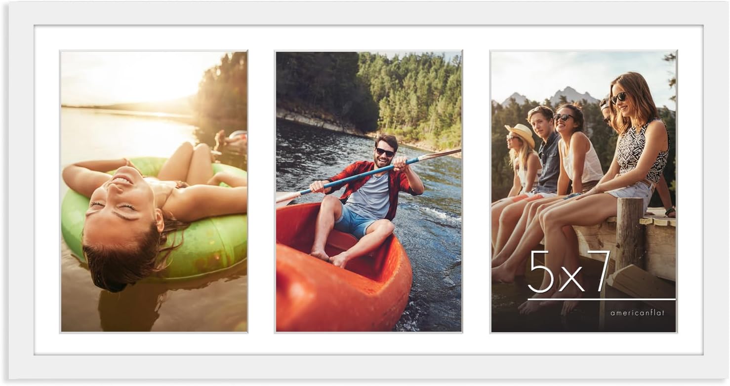 Americanflat 8x16 Panoramic Picture Frame in White - Three 7x5 Photo Frame Openings - Multi Aperture Collage Picture Frame with Horizontal and Vertical Format for Wall and Tabletop