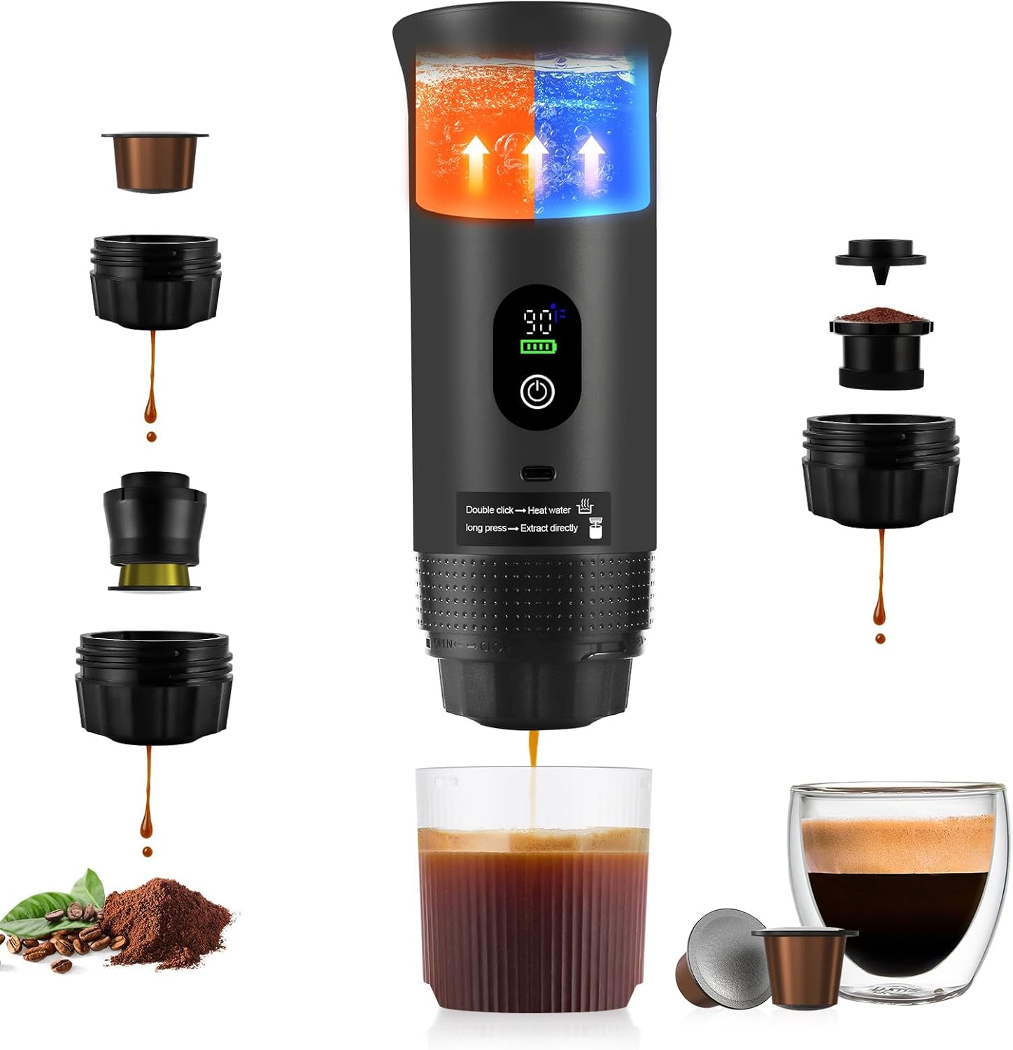 Upgraded 3 in1 Portable Espresso Machine with LED Display,20 Bar Pressure,Real-Time Temp&Battery Indicator,Portable Coffee Maker Compatible with Ground Coffee & Capsules, for Travel,Home