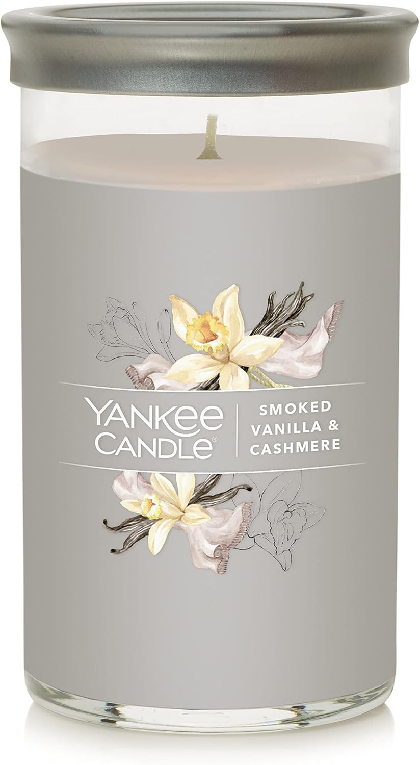 Yankee Candle Smoked Vanilla & Cashmere Signature Medium Pillar Candle - 14.25 oz Light Gray Soy Wax Blend, Metal Lid Coaster - Ideal for Home & Kitchen Decor