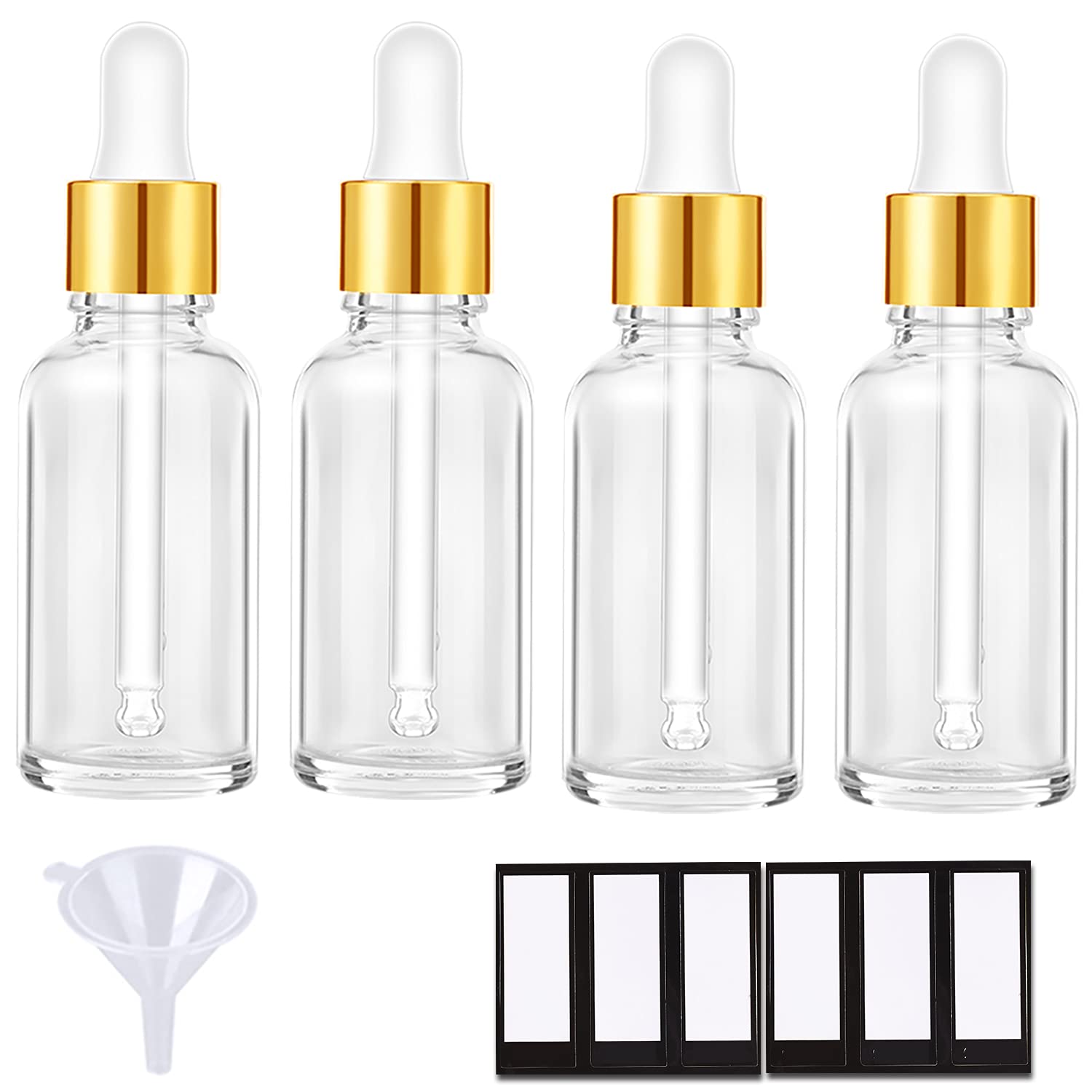 PrettyCare 4 Pack 1oz Dropper Bottle for Essential Oils, 30 ml Clear Glass Essential Oils Bottles with Labels, Funnels- Empty Leak Proof Tincture Bottles for Personal Care & Beauty