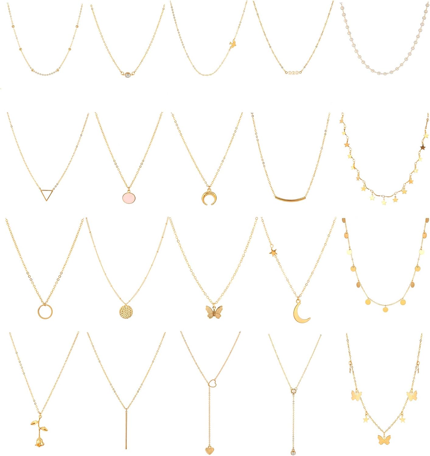 Honsny 20PCS 14K Gold Plated Choker Necklaces for Women, Dainty Gold Diamond Coin Pearl Pendant Simple Chain Necklace Set Cute Gold Layered Necklaces for Women Teen Jewelry Gifts