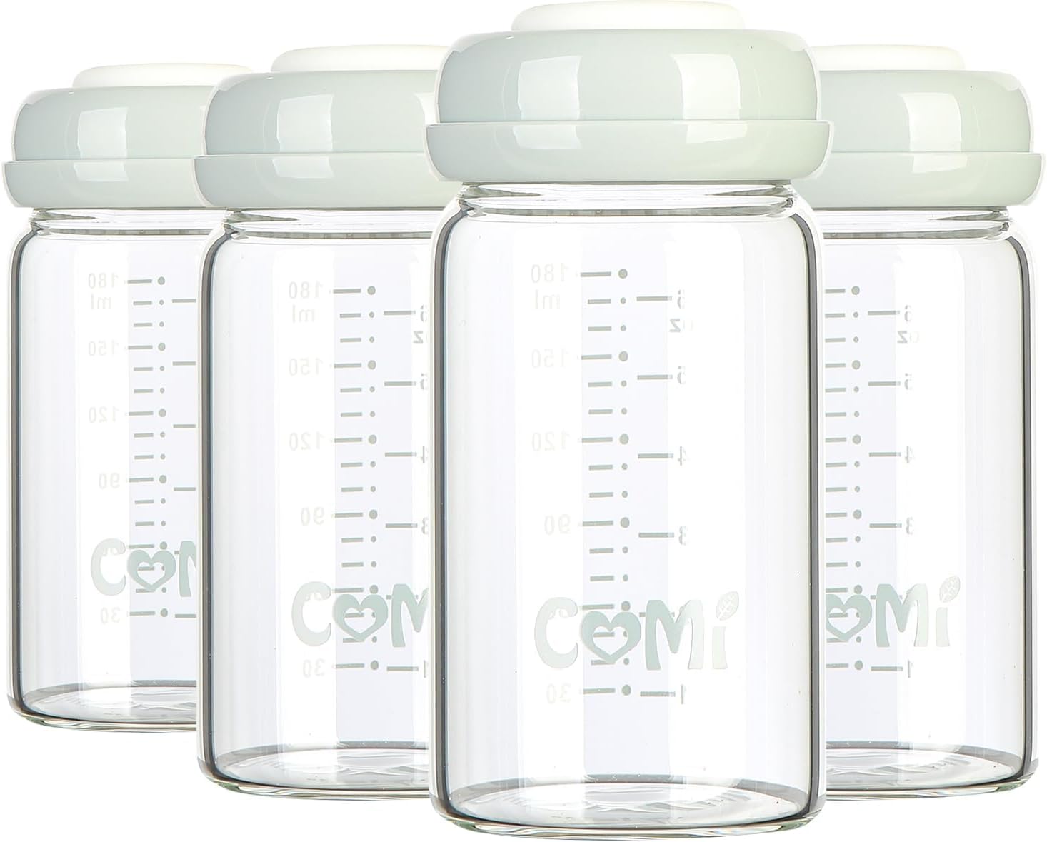 Comi Baby Glass Breastmilk Storage Bottles 4 Packs 6.oz 180ml Wide Neck Bottles with Screw Ring Sealing Disk BPA-Free Breastfeeding Milk Collection Fits Breast Pumps & Nipples(4 Gray Lids)
