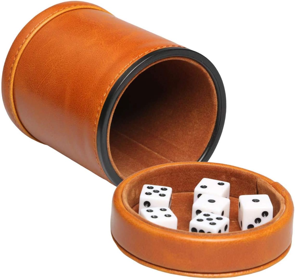 TOPTAN Leatherette Dice Cup with Lid Includes 6 Dices, Velvet Interior Quiet in shaking for Liars Dice Farkle Yahtzee Board Games, Brown