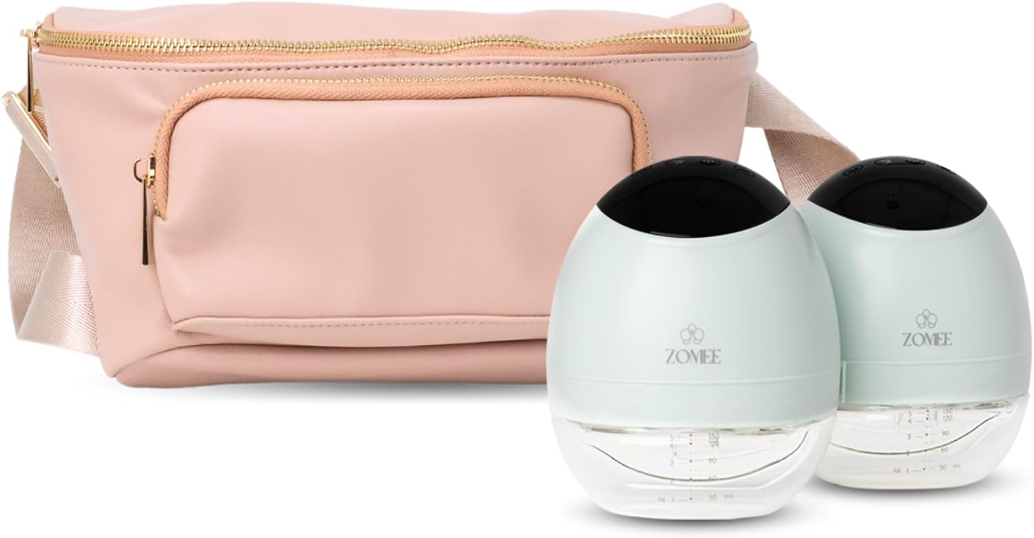 Zomee Fit Wearable Breast Pump, Hands Free, Portable,Discrete Electric Double Breast Pump - Holds 5 oz - Wireless 2+ Hours Battery Leak Proof Anti Backflow -Fanny Pack with Diaper Chaning Pad (Tan)