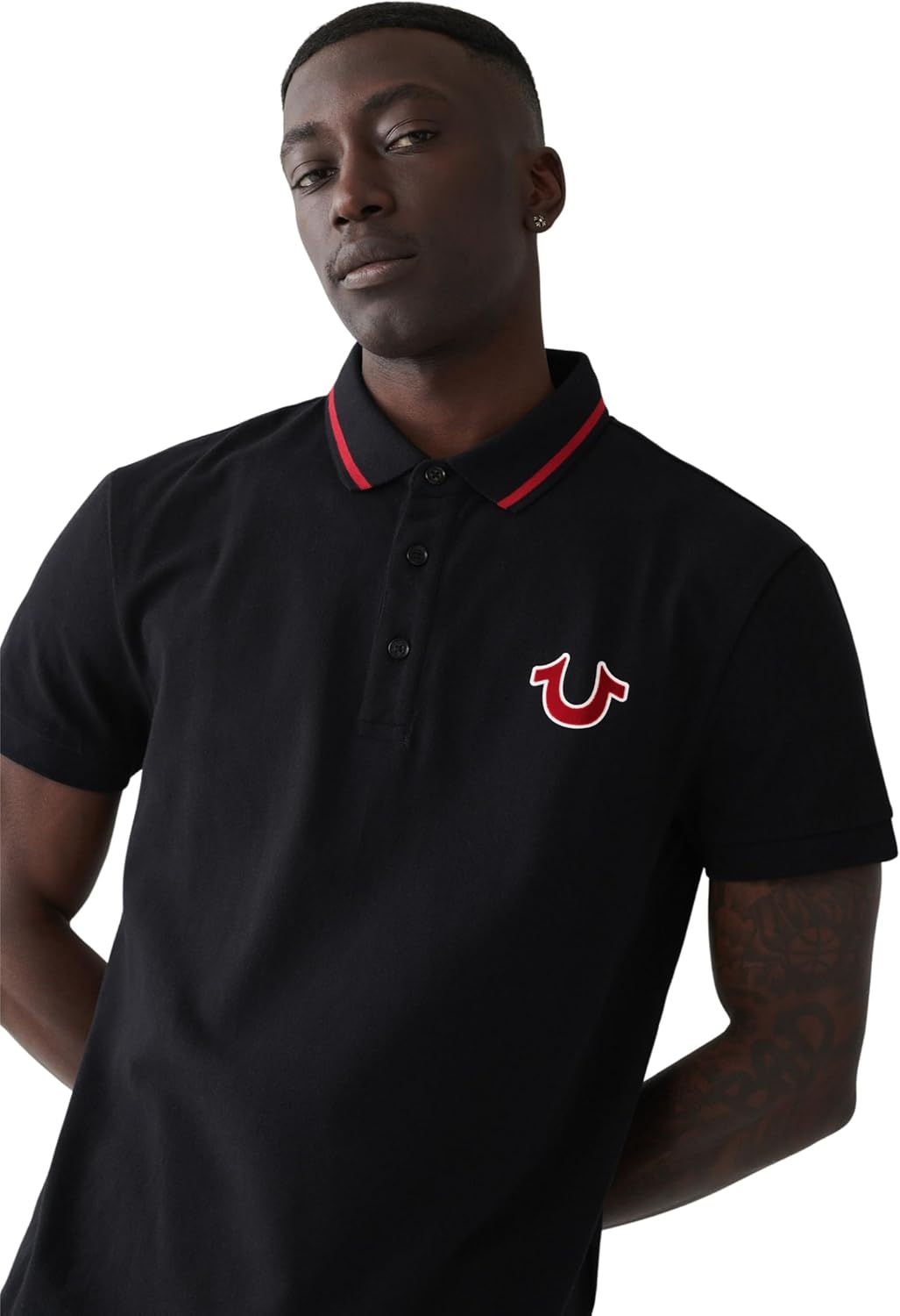 True Religion Men's JV7 Tipped Polo – Short Sleeve Cut & Sew Knit Polo Shirt with Contrast Trim & Logo