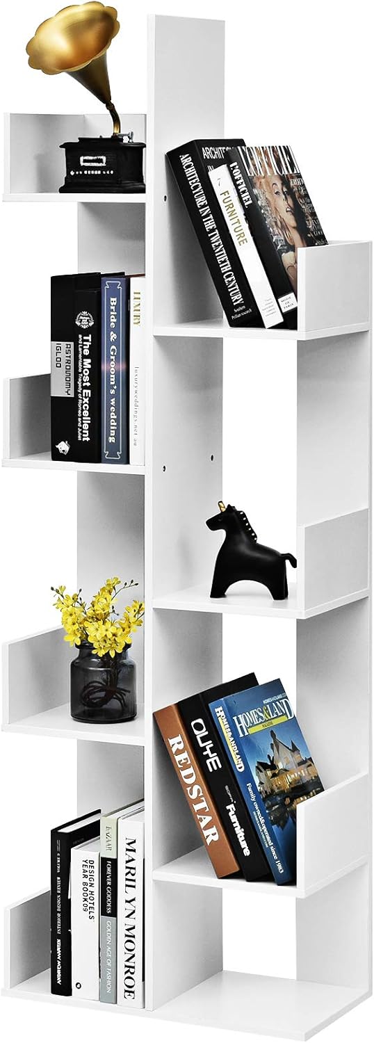 SFAREST Tree-Shaped Bookshelf, 8-Tier Floor Standing Bookcase with Anti-toppling Device and Side Panel, Home Office Magazines Storage Dispaly Organiser Unit for Living Room Study Room (White)