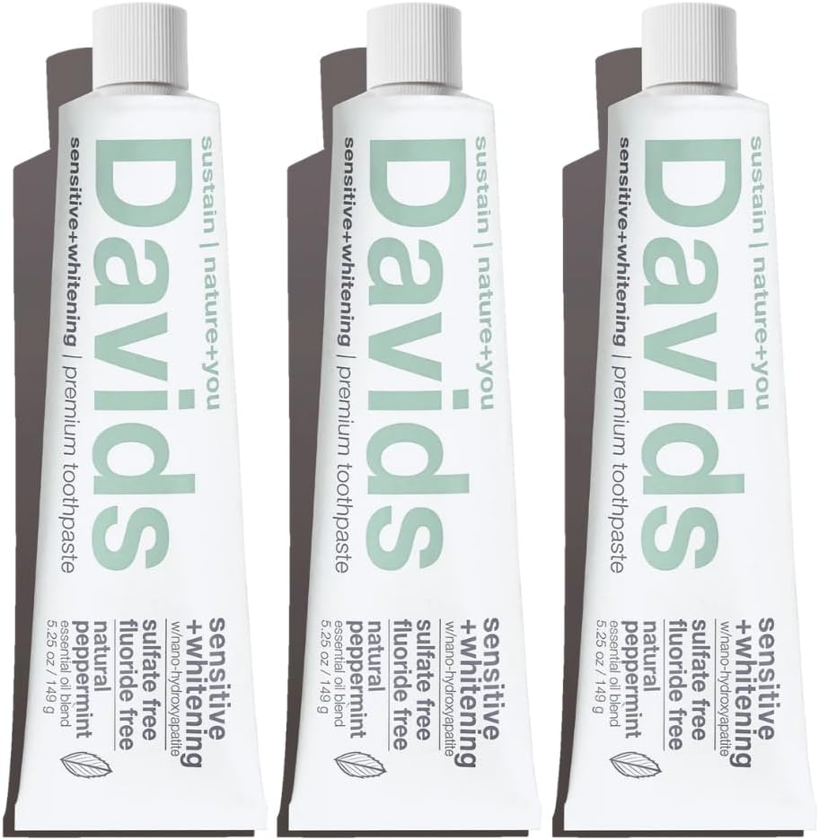 Davids Hydroxi™ Fluoride Free Nano Hydroxyapatite Toothpaste for Remineralizing Enamel & Sensitive Relief, Whitening, Antiplaque, SLS Free, Natural Peppermint, 5.25oz, Made in USA (3 Pack)