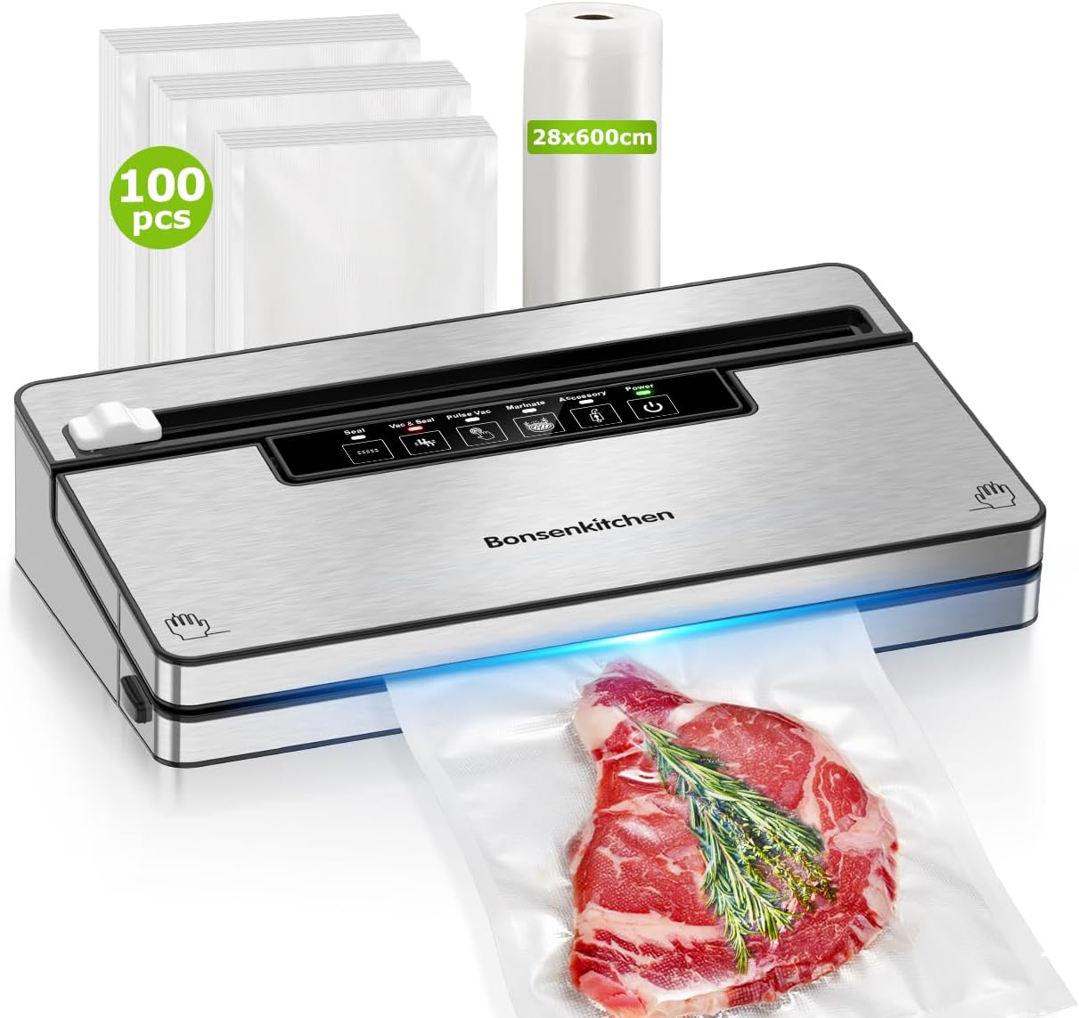 Bonsenkitchen Vacuum Sealer Machine with 5 Modes, Built-in Cutter and Bag Storage, Globefish Technology for Continuous High-Speed Operation, Includes 100 Vacuum Bags and 1 Roll Bag, VS3201