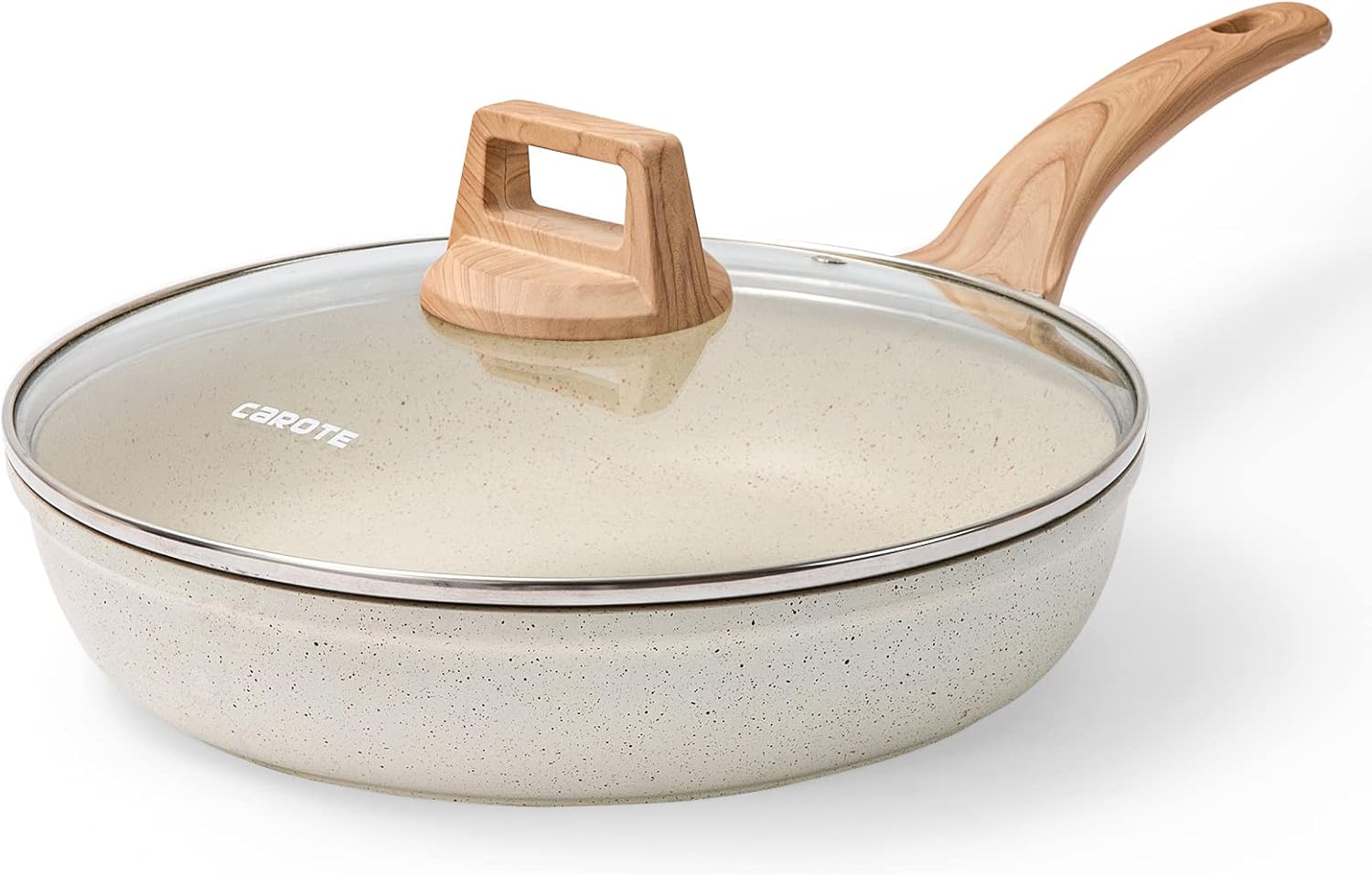 CAROTE 8 Inch Nonstick Skillet Frying Pan with Lid,White Granite Non Stick Omelet Pans,Fry Pan Egg Pan Stone Cookware Chef's Pan, PFOS & PFOA Free